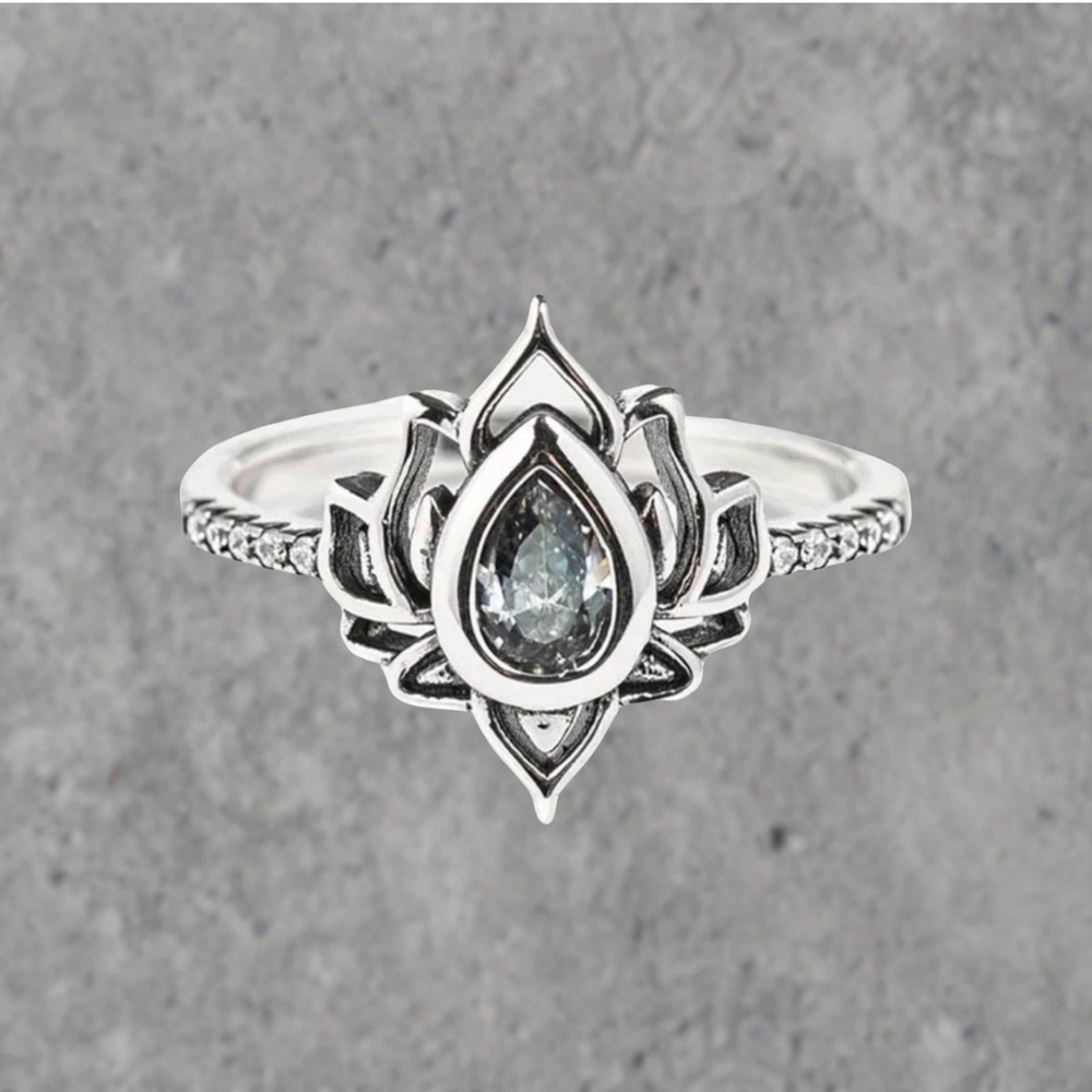Lotus Flower Sterling Silver Stone Ring, Boho Jewelry